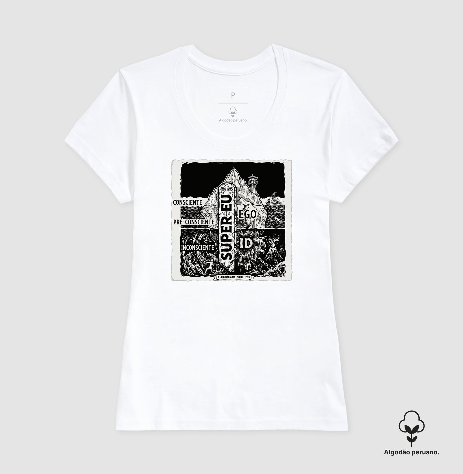 Camiseta Algodão Peruano Psicanálise Freud - Geografia da Psique (1ª e 2ª Tópica) | Xilogravura Clássica