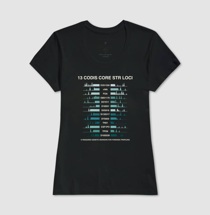Camiseta Genética Forense - Os 13 Marcadores CODIS (Perfil de DNA) | Moda Científica