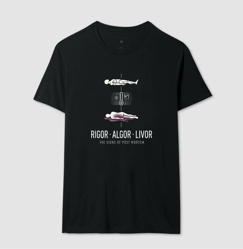 Camiseta Tríade Post Mortem (Rigor, Algor, Livor) | Coleção Forense