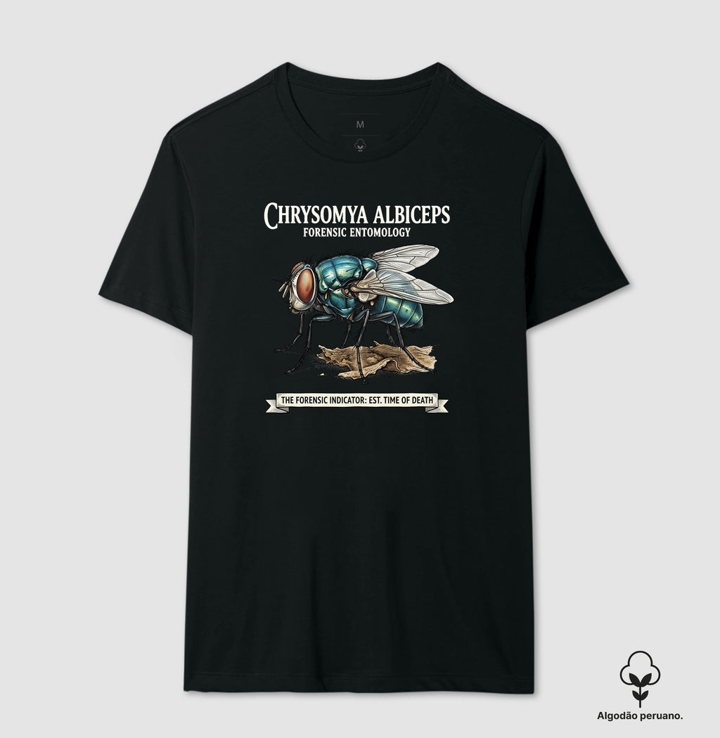 Camiseta Algodão Peruano Entomologia Forense - Chrysomya Albiceps (Est. Time of Death) | Graphic Tee