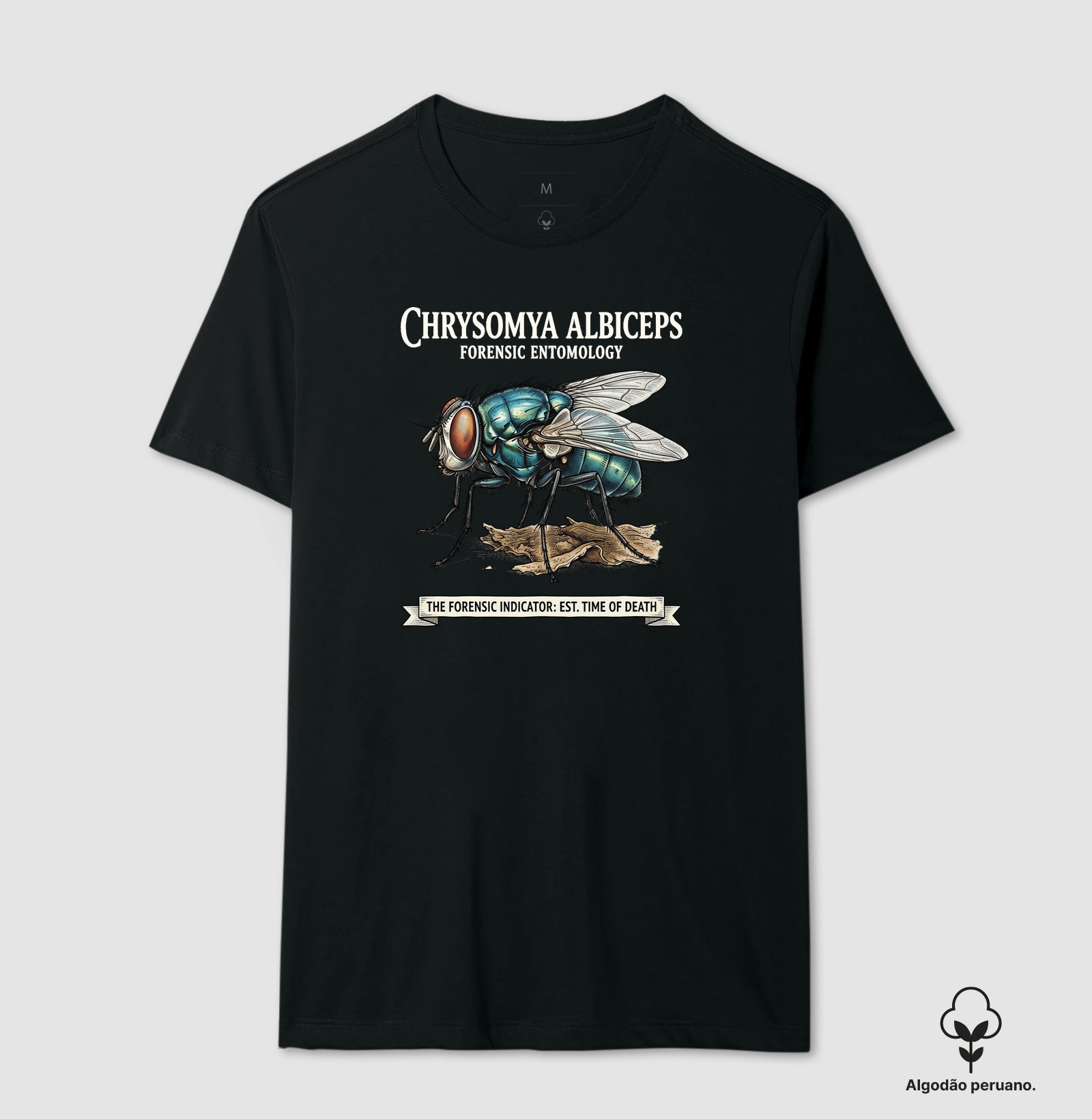 Camiseta Algodão Peruano Entomologia Forense - Chrysomya Albiceps (Est. Time of Death) | Graphic Tee