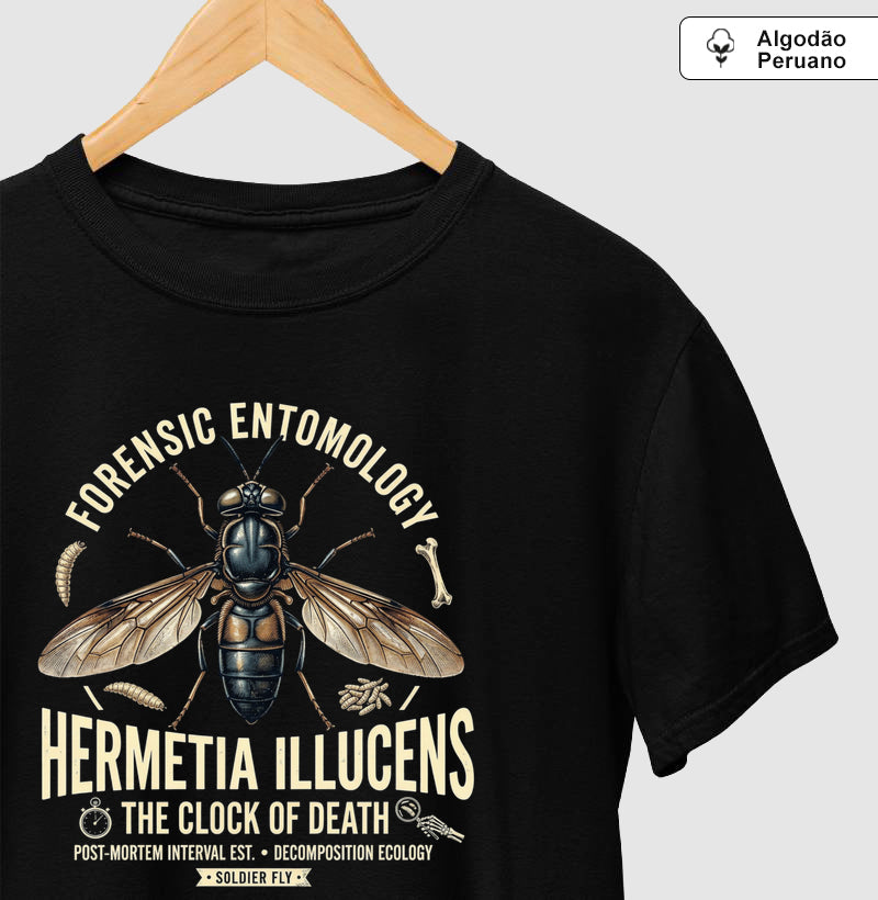 Camiseta Algodão Peruano "Entomologia Forense" | O Relógio da Morte (Hermetia illucens)