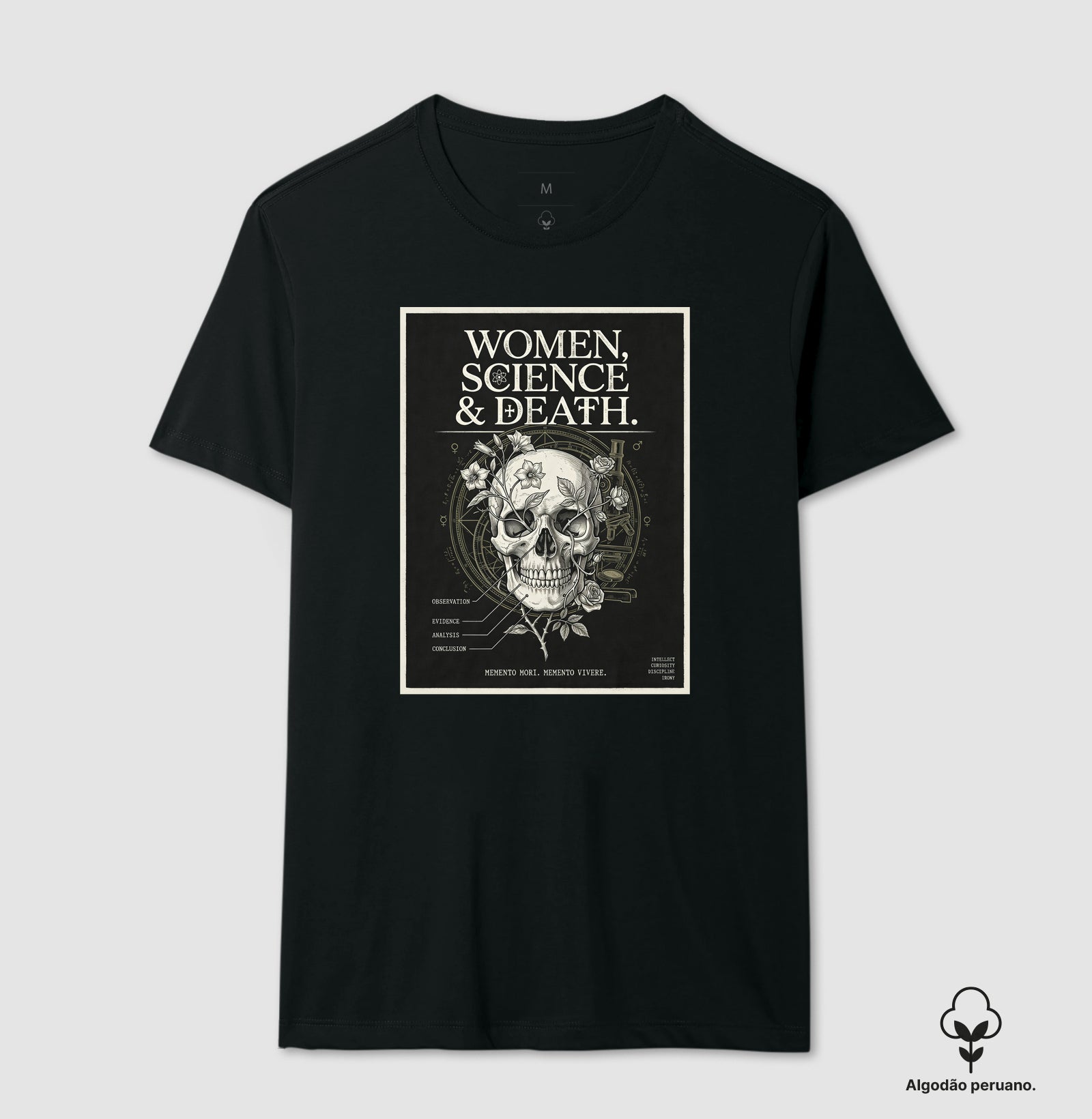 Camiseta Algodão Peruano Gótica Científica "Women, Science & Death" | Memento Mori