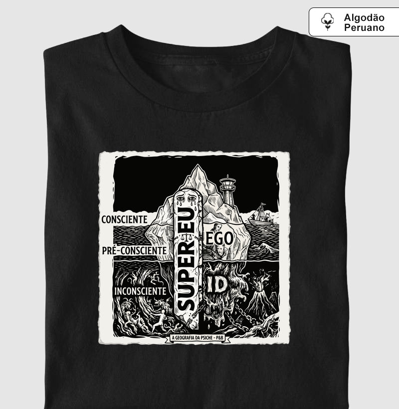 Camiseta Algodão Peruano Psicanálise Freud - Geografia da Psique (1ª e 2ª Tópica) | Xilogravura Clássica