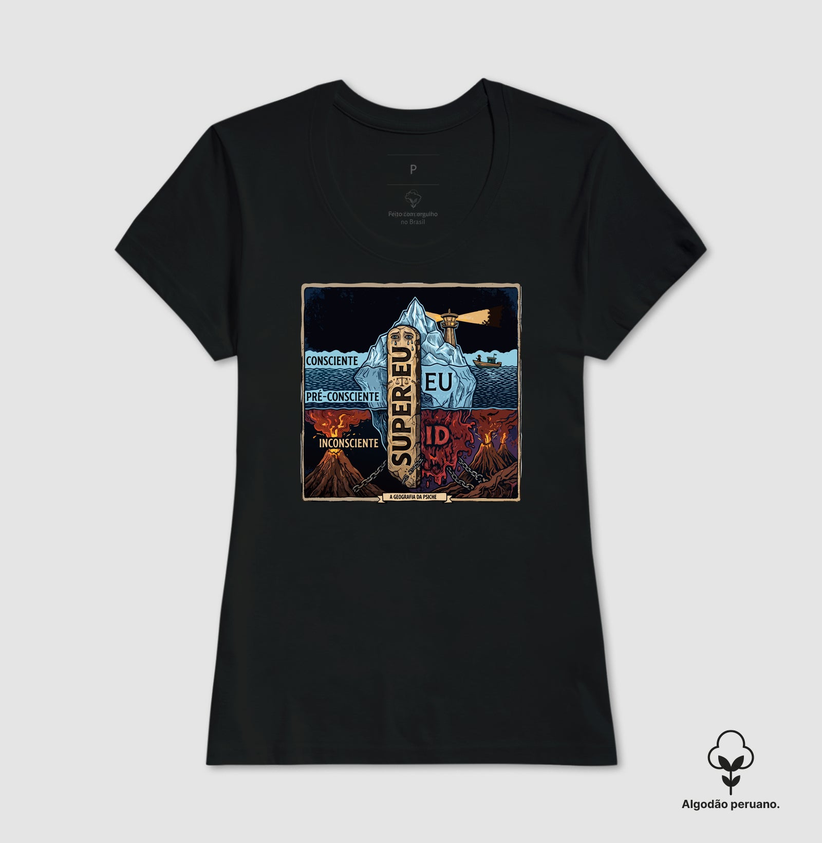 Camiseta Algodão Peruano Psicanálise Freud - (Primeira e Segunda Tópica) | Xilogravura Colorida