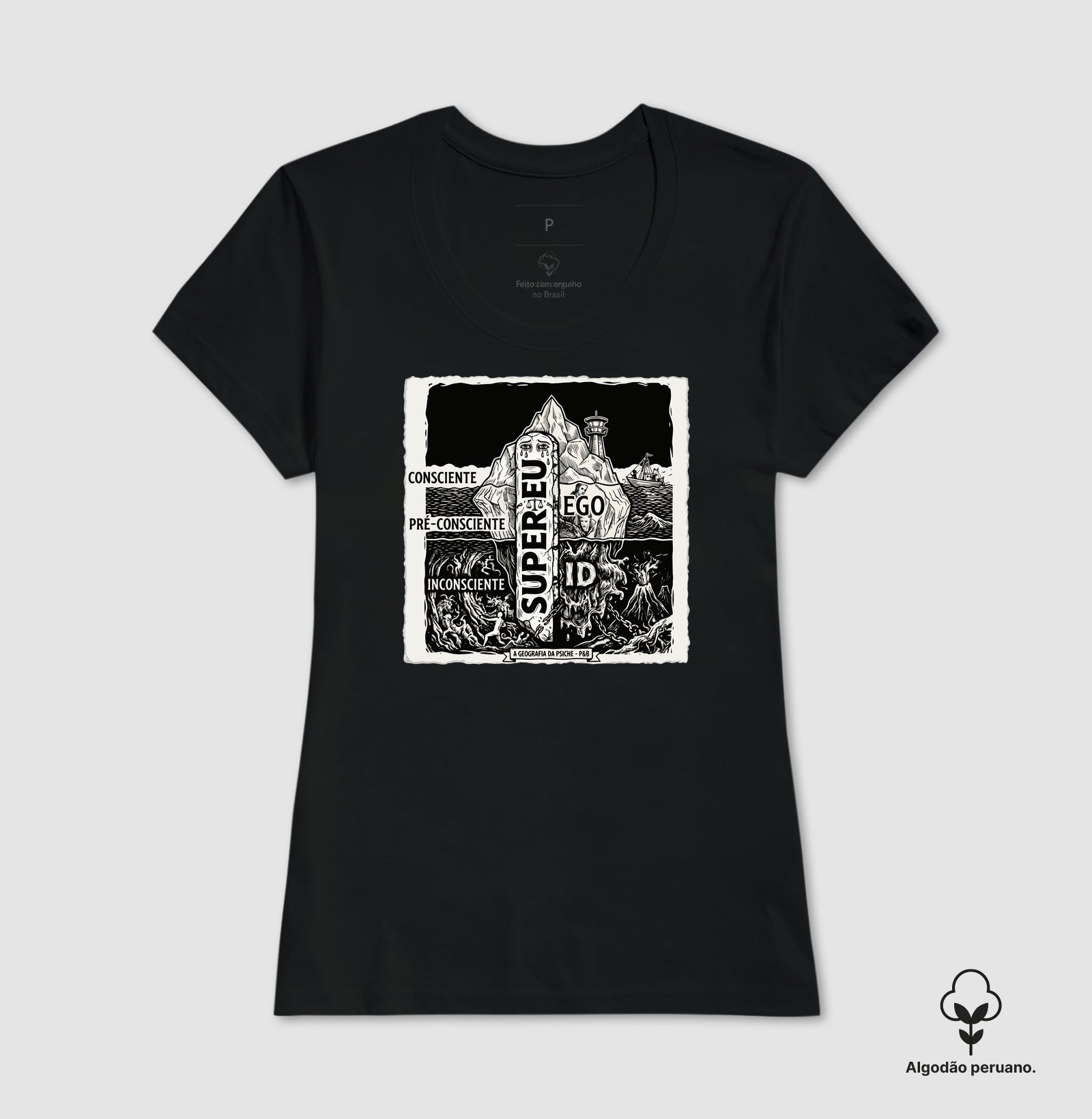 Camiseta Algodão Peruano Psicanálise Freud - Geografia da Psique (1ª e 2ª Tópica) | Xilogravura Clássica
