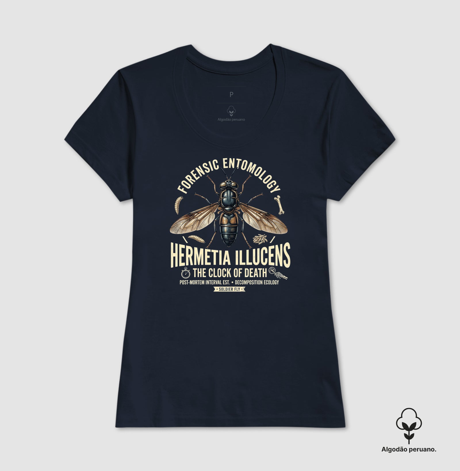 Camiseta Algodão Peruano "Entomologia Forense" | O Relógio da Morte (Hermetia illucens)