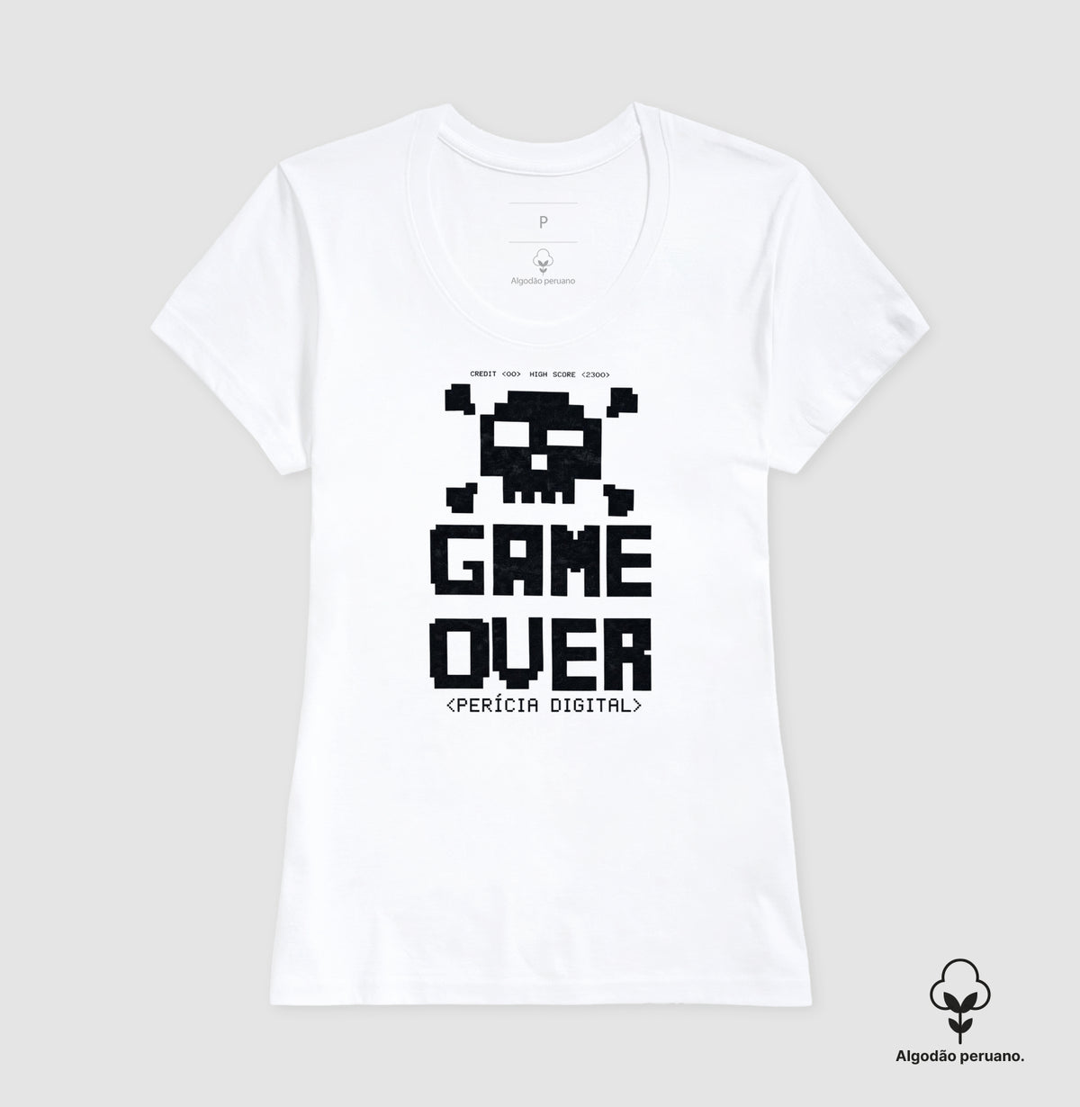 Camiseta Algodão Peruano Perícia Digital Game Over & Pixel Art Retro