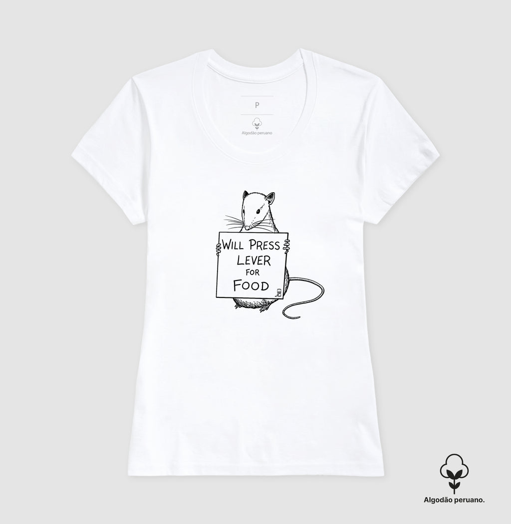 Camiseta Algodão Peruano Behaviorismo "Will Press Lever For Food" | B.F. Skinner & Condicionamento Operante