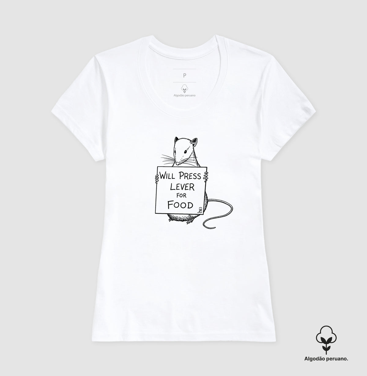 Camiseta Algodão Peruano Behaviorismo "Will Press Lever For Food" | B.F. Skinner & Condicionamento Operante