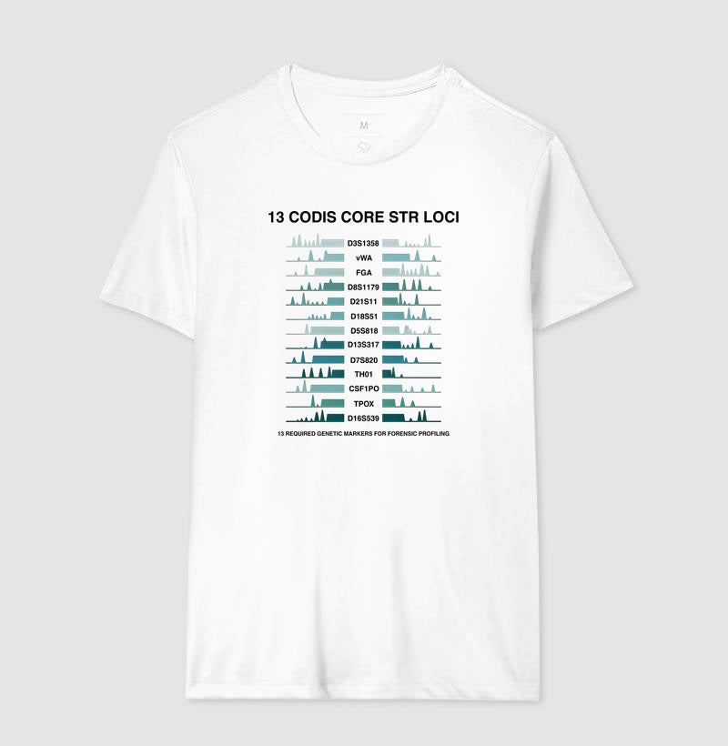 Camiseta Genética Forense - Os 13 Marcadores CODIS (Perfil de DNA) | Moda Científica