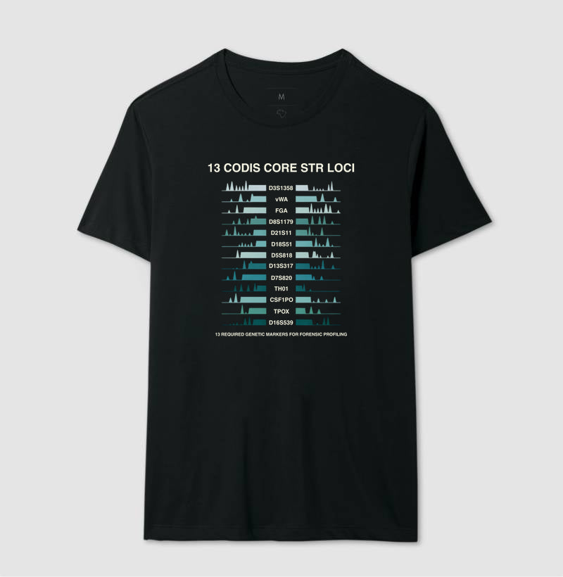 Camiseta Genética Forense - Os 13 Marcadores CODIS (Perfil de DNA) | Moda Científica