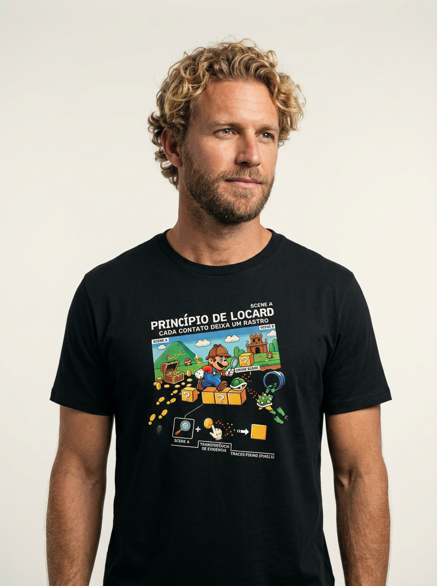 Camiseta Criminalística Locard - Transferência de Evidência 8-Bits | Forensic Gamer