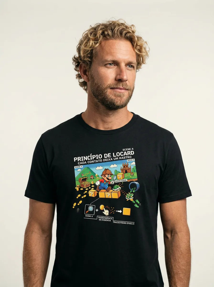 Camiseta Criminalística Locard - Transferência de Evidência 8-Bits | Forensic Gamer